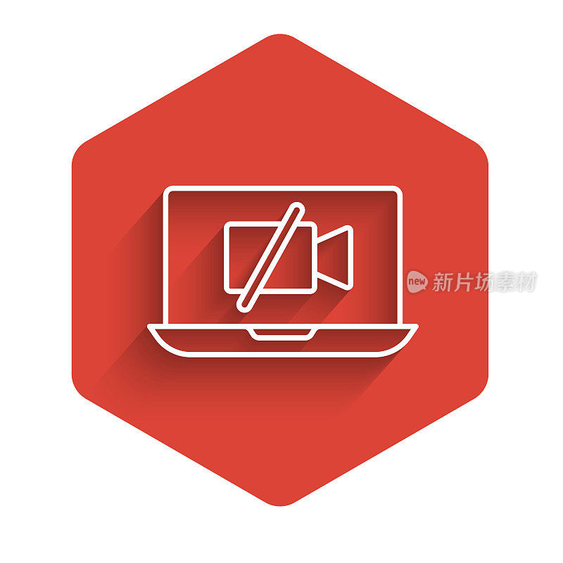 White line Video camera Off on laptop screen icon isolated with long shadow. No video. Red hexagon button. Vector